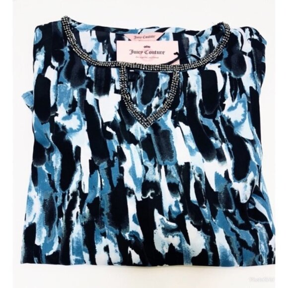 Juicy Couture Womens Blue and Green Keyhole V Neck Bell Sleeve Blouse Sz XS New - Picture 2 of 7